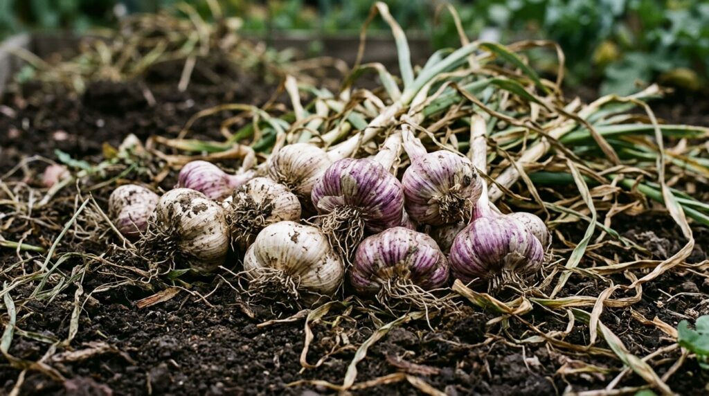 Freshly harvested home-grown garlic bulbs with papery skins laid out on garden soil