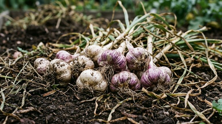 Freshly harvested home-grown garlic bulbs with papery skins laid out on garden soil