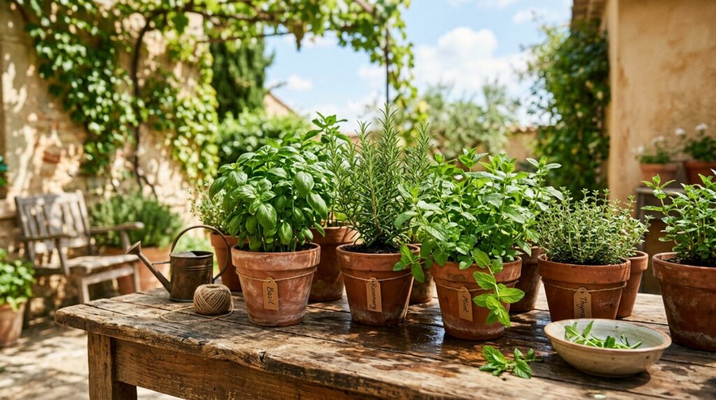 Terracotta pots filled with fresh herbs including basil, rosemary and mint on a sunny garden patio