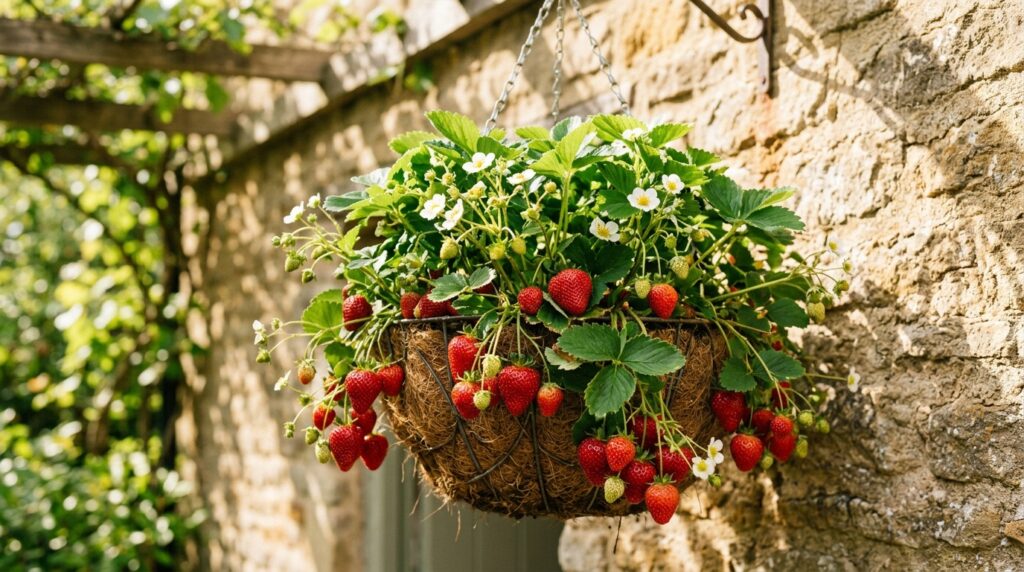 Hanging basket filled with ripe red strawberries and green leaves on a sunny garden wall