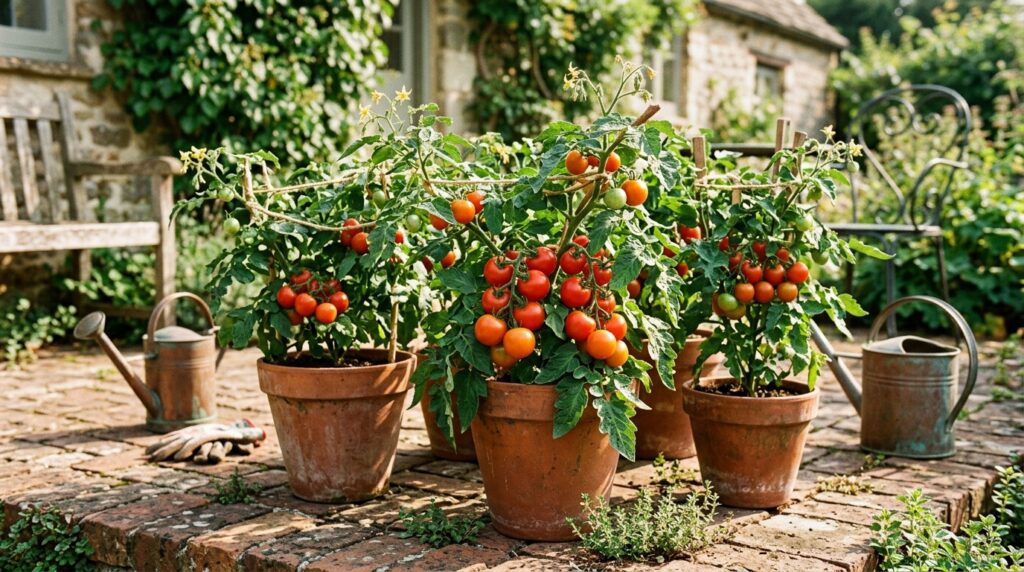 Ripe tomatoes growing in terracotta pots on a sunny garden patio