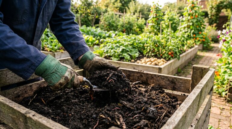 Gardener turning homemade compost in a wooden compost bin in a British back garden