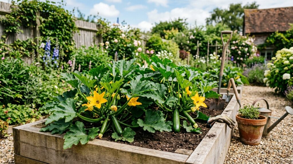 Courgette plants growing in a raised bed with green fruits and yellow flowers in a British garden