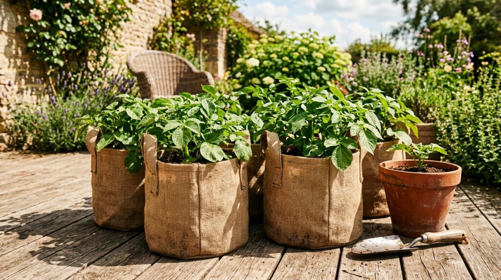 Potato plants growing in fabric grow bags on a sunny garden patio