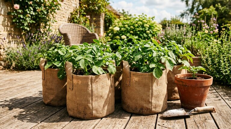 Potato plants growing in fabric grow bags on a sunny garden patio