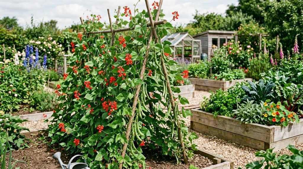 Runner bean plants growing up a cane wigwam in a British kitchen garden with red flowers and green pods