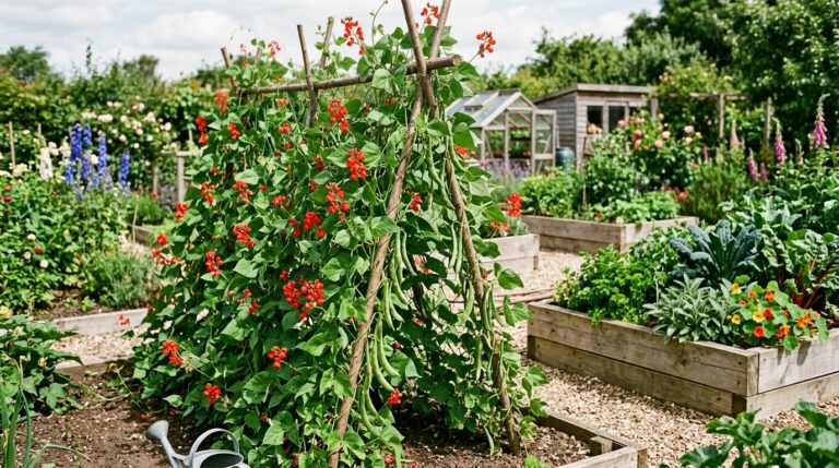 Runner bean plants growing up a cane wigwam in a British kitchen garden with red flowers and green pods